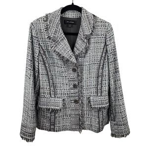 St John Womens 3 Button Tweed Blazer Blue Size 10 Cotton Blend Silk Lining